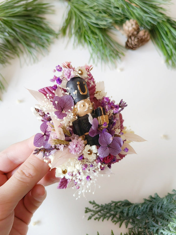 Purple Nutcracker Brooch – Vintage Christmas Floral Pin Winter Jewelry Gift for Her – handmade floral hair accessory by magaela
