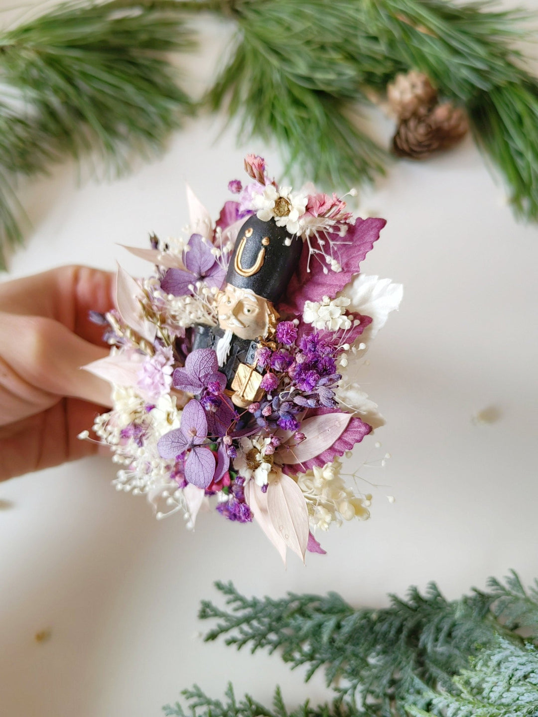 Purple Nutcracker Brooch – Vintage Christmas Floral Pin Winter Jewelry Gift for Her – handmade floral hair accessory by magaela