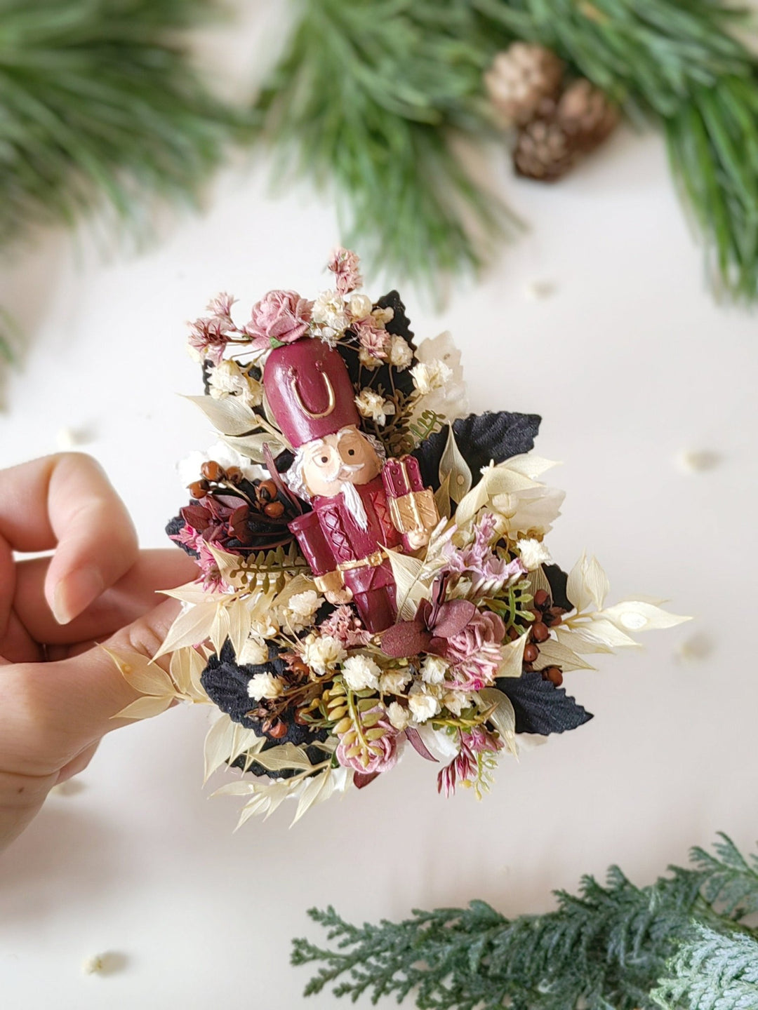 Nutcracker Christmas Brooch – Burgundy Pink Vintage Floral Jewelry, Holiday Gift for Women – handmade floral hair accessory by magaela
