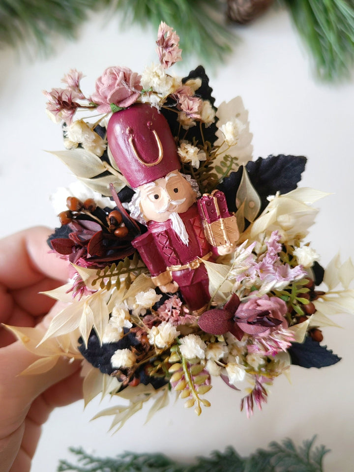 Nutcracker Christmas Brooch – Burgundy Pink Vintage Floral Jewelry, Holiday Gift for Women – handmade floral hair accessory by magaela