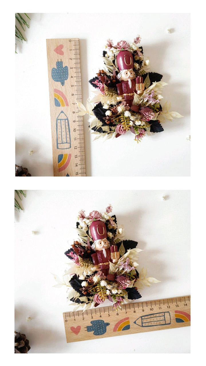 Nutcracker Christmas Brooch – Burgundy Pink Vintage Floral Jewelry, Holiday Gift for Women – handmade floral hair accessory by magaela