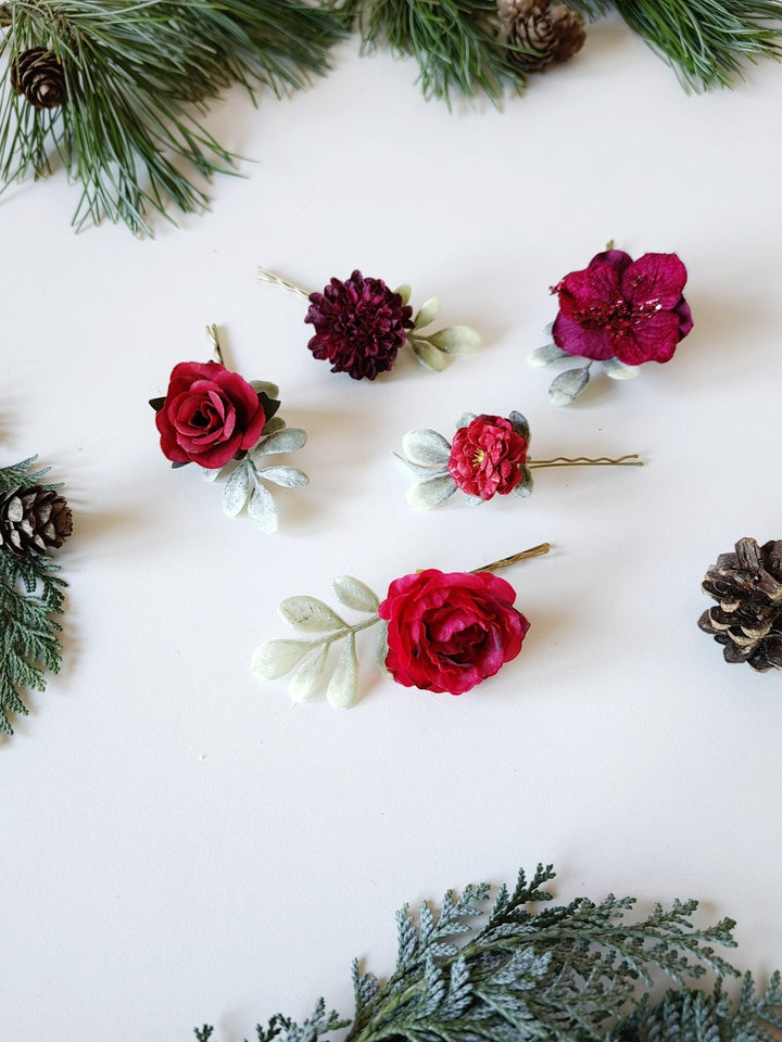 Burgundy Flower Hairpins: Christmas Wedding Hair Accessories – handmade floral hair accessory by magaela