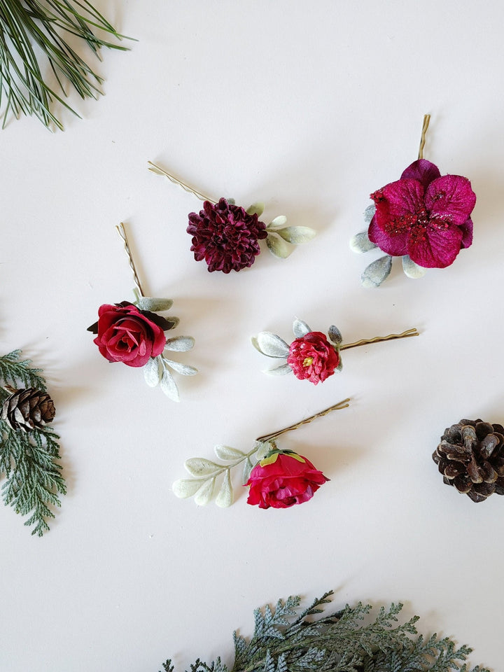 Burgundy Flower Hairpins: Christmas Wedding Hair Accessories – handmade floral hair accessory by magaela