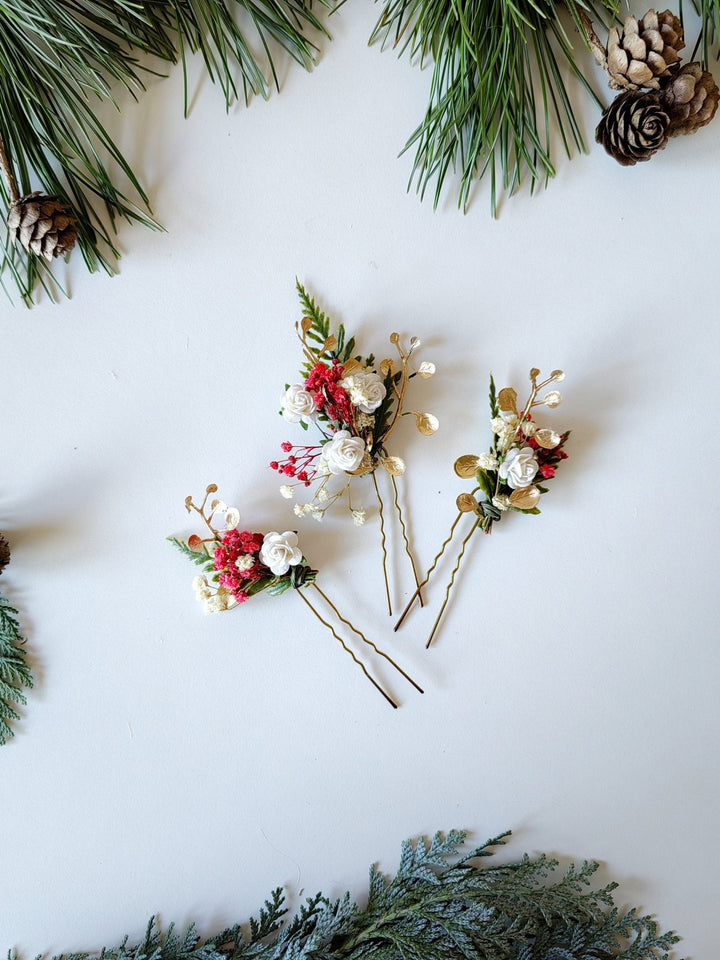 Red & Gold Christmas Flower Hairpins: Winter Wedding Accessories – handmade floral hair accessory by magaela
