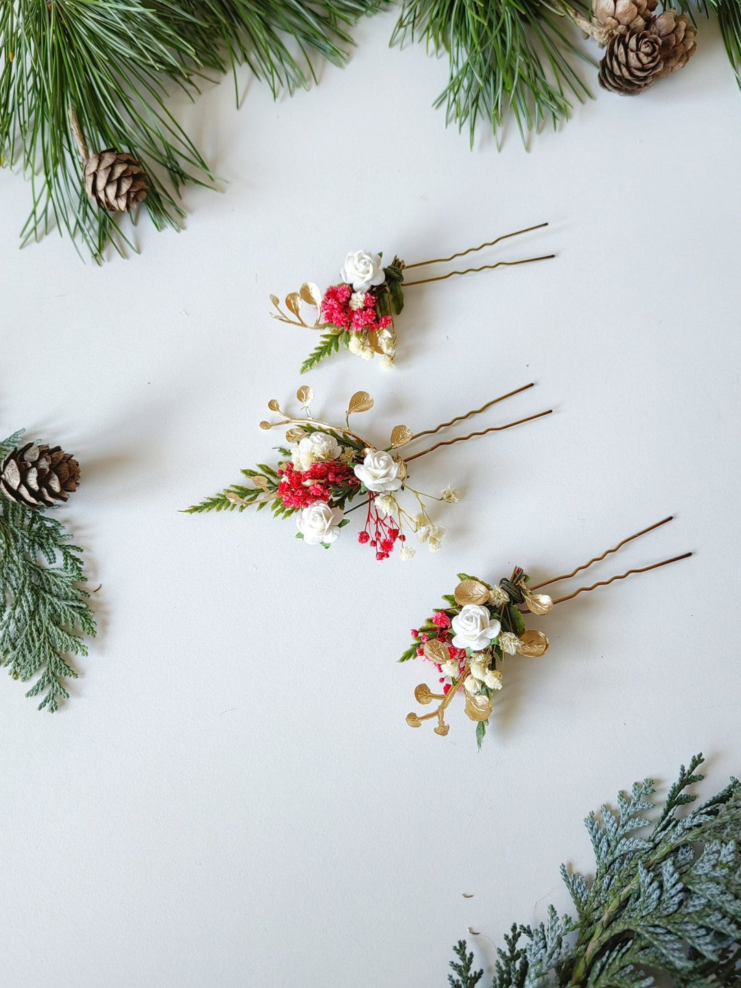 Red & Gold Christmas Flower Hairpins: Winter Wedding Accessories – handmade floral hair accessory by magaela