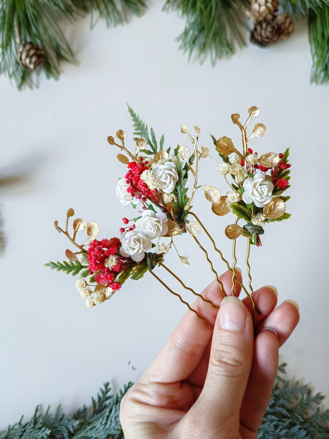 Red & Gold Christmas Flower Hairpins: Winter Wedding Accessories – handmade floral hair accessory by magaela