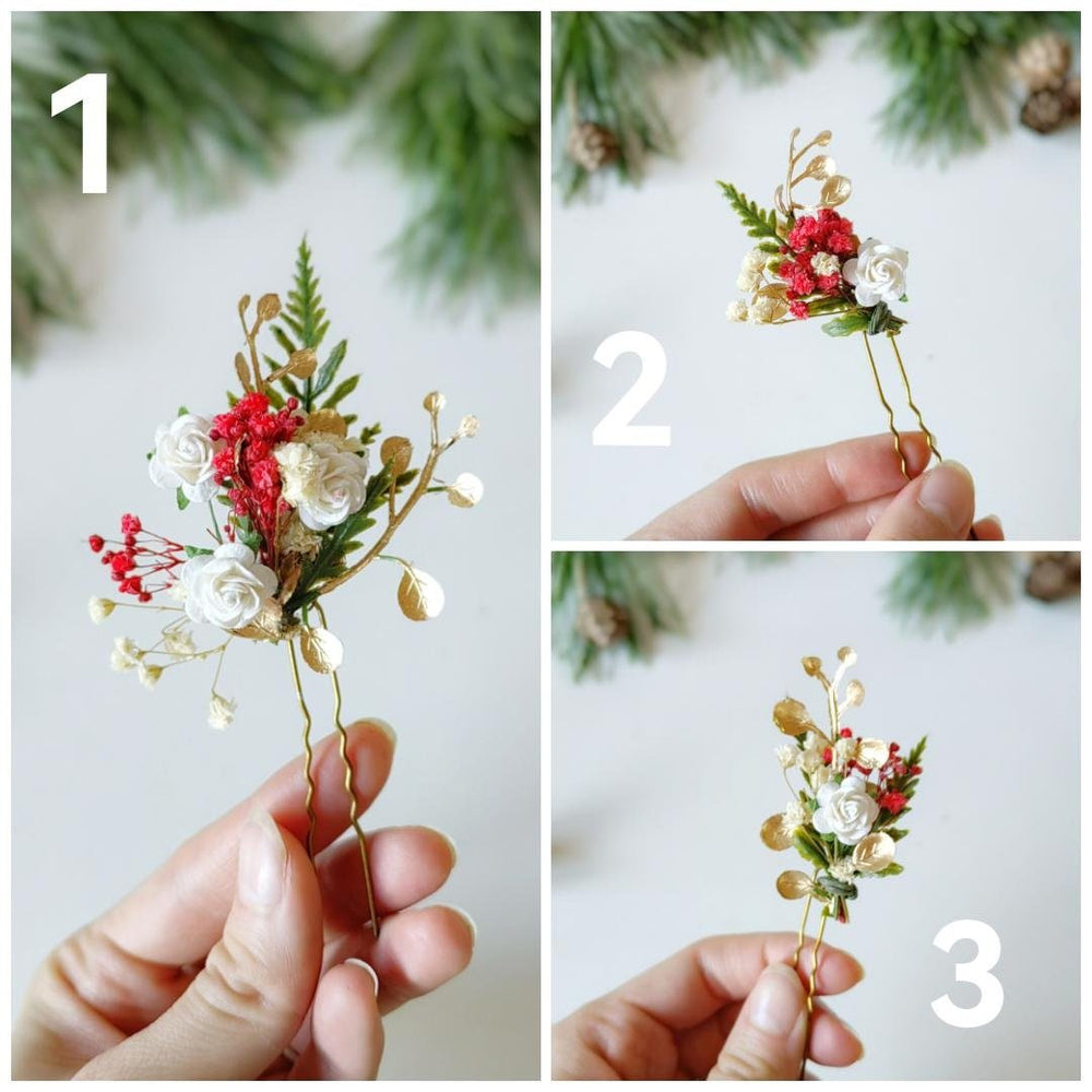 Red & Gold Christmas Flower Hairpins: Winter Wedding Accessories – handmade floral hair accessory by magaela
