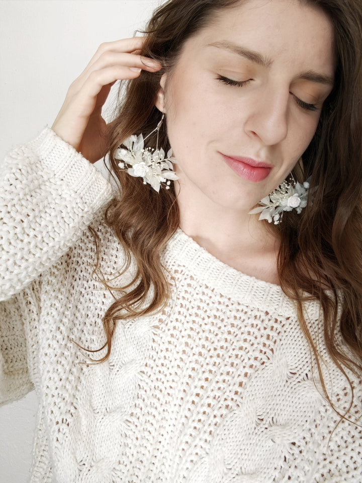 Off White Flower Bridal Earrings: Silver Hook Wedding Jewelry – handmade floral hair accessory by magaela