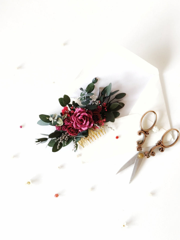 Burgundy Flower Hair Comb: Autumn Wedding Bridal Headpiece – handmade floral hair accessory by magaela