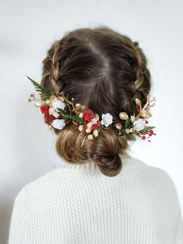 Red & Gold Christmas Flower Hairpins: Winter Wedding Accessories – handmade floral hair accessory by magaela
