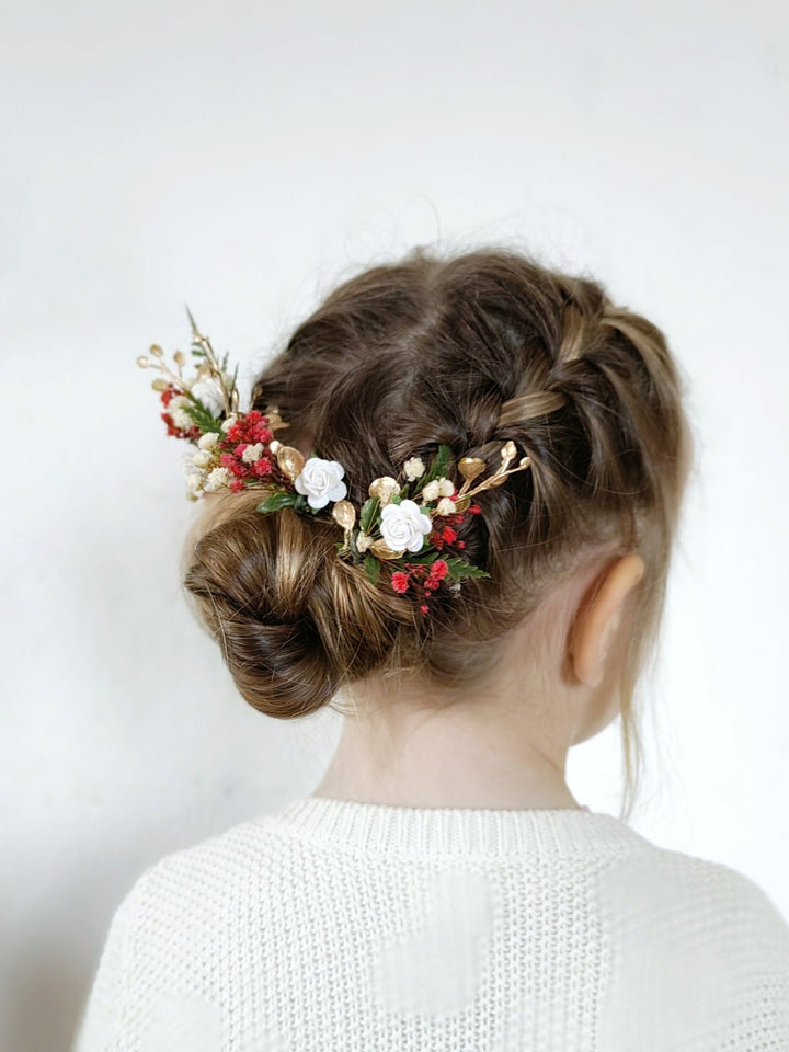 Red & Gold Christmas Flower Hairpins: Winter Wedding Accessories – handmade floral hair accessory by magaela