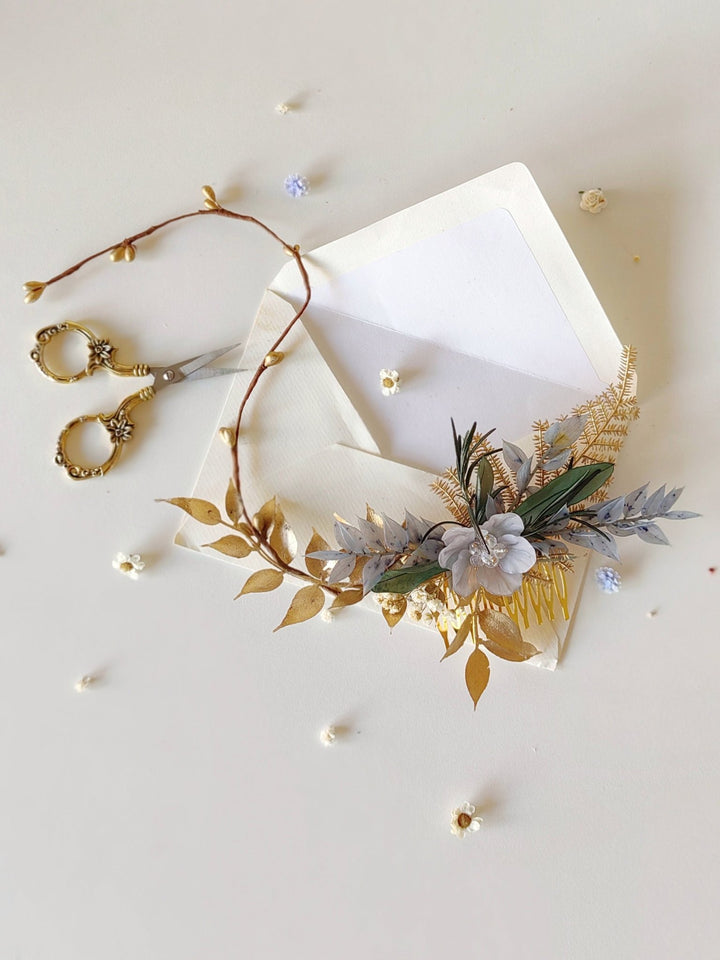 Glam Bridal Hair Comb: Blue & Gold Flower Headpiece – handmade floral hair accessory by magaela