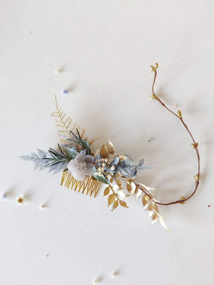 Glam Bridal Hair Comb: Blue & Gold Flower Headpiece – handmade floral hair accessory by magaela