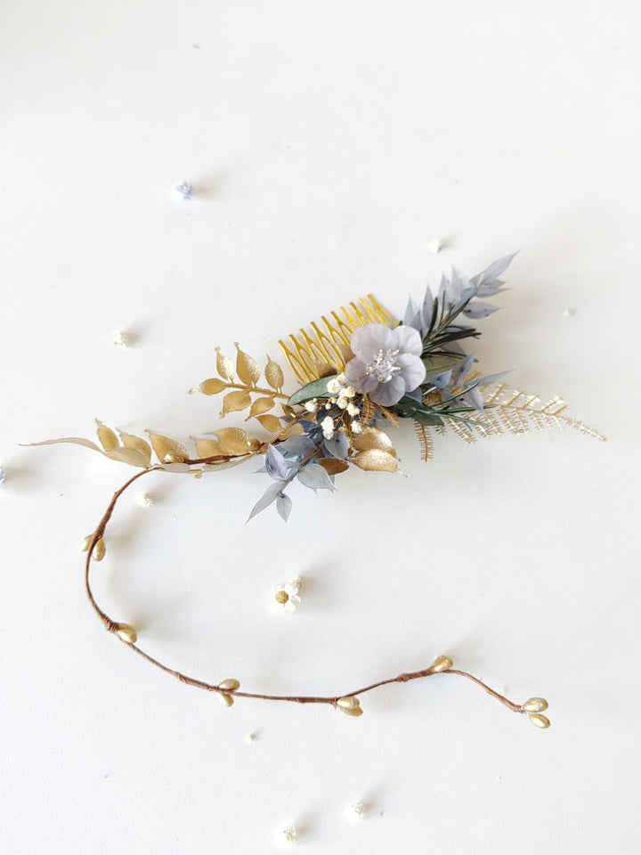 Glam Bridal Hair Comb: Blue & Gold Flower Headpiece – handmade floral hair accessory by magaela