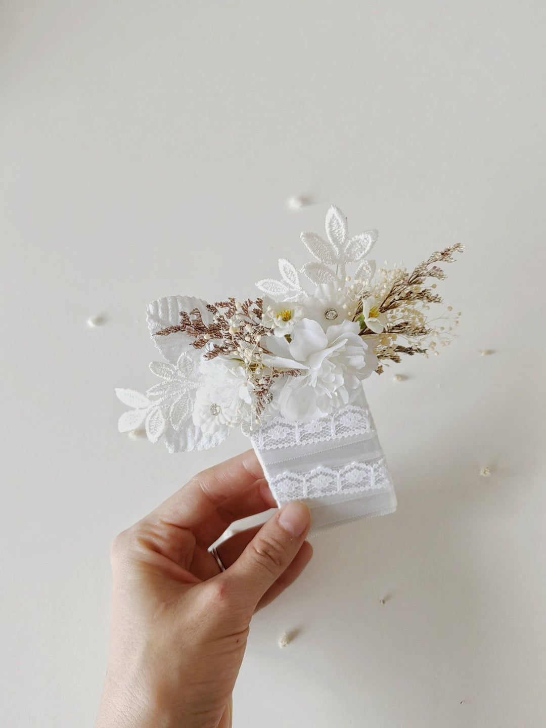 White Lace Boutonniere: Romantic Wedding Lapel Corsage – handmade floral hair accessory by magaela