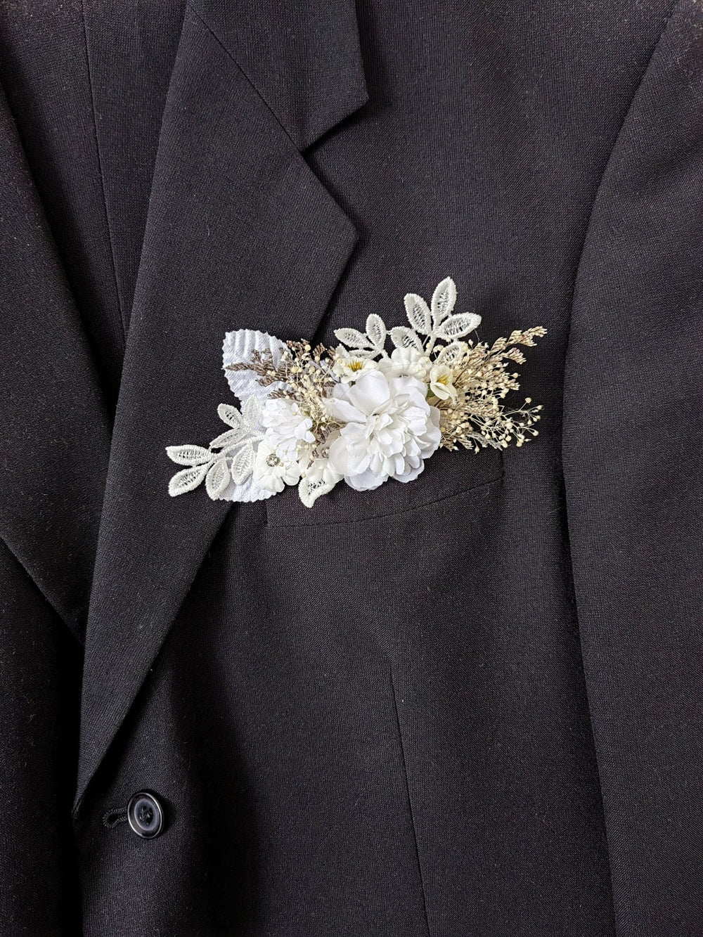 White Lace Boutonniere: Romantic Wedding Lapel Corsage – handmade floral hair accessory by magaela