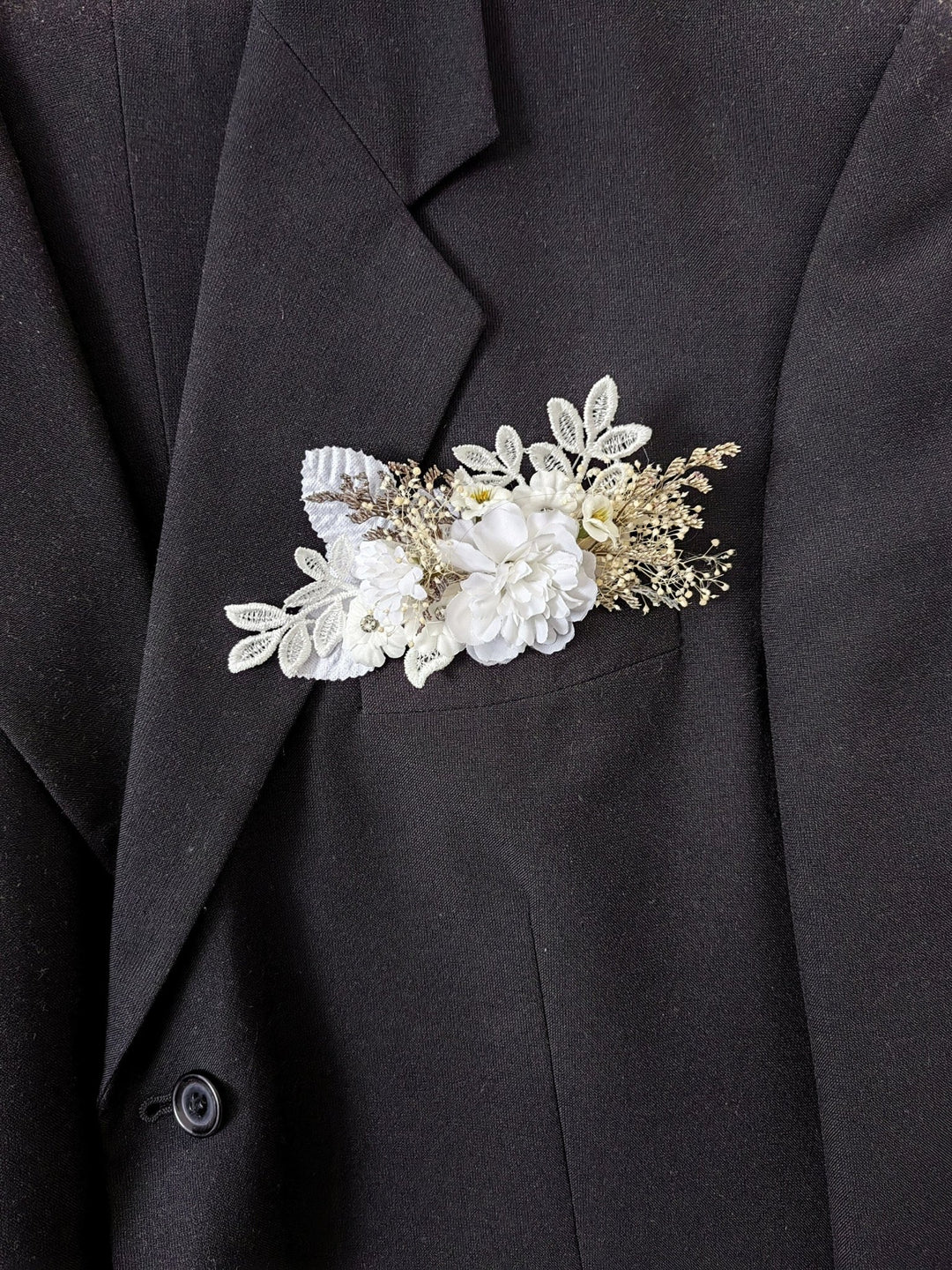 White Lace Boutonniere: Romantic Wedding Lapel Corsage – handmade floral hair accessory by magaela