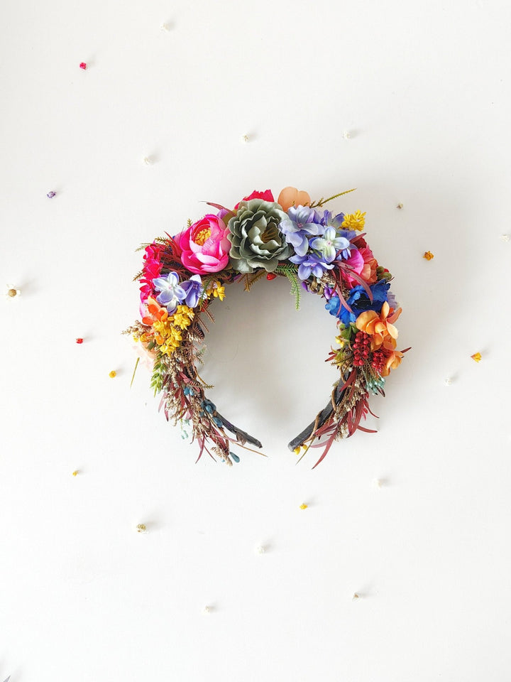 Floral Bridal Headband: Colorful Wildflower Frida Style Headpiece – handmade floral hair accessory by magaela