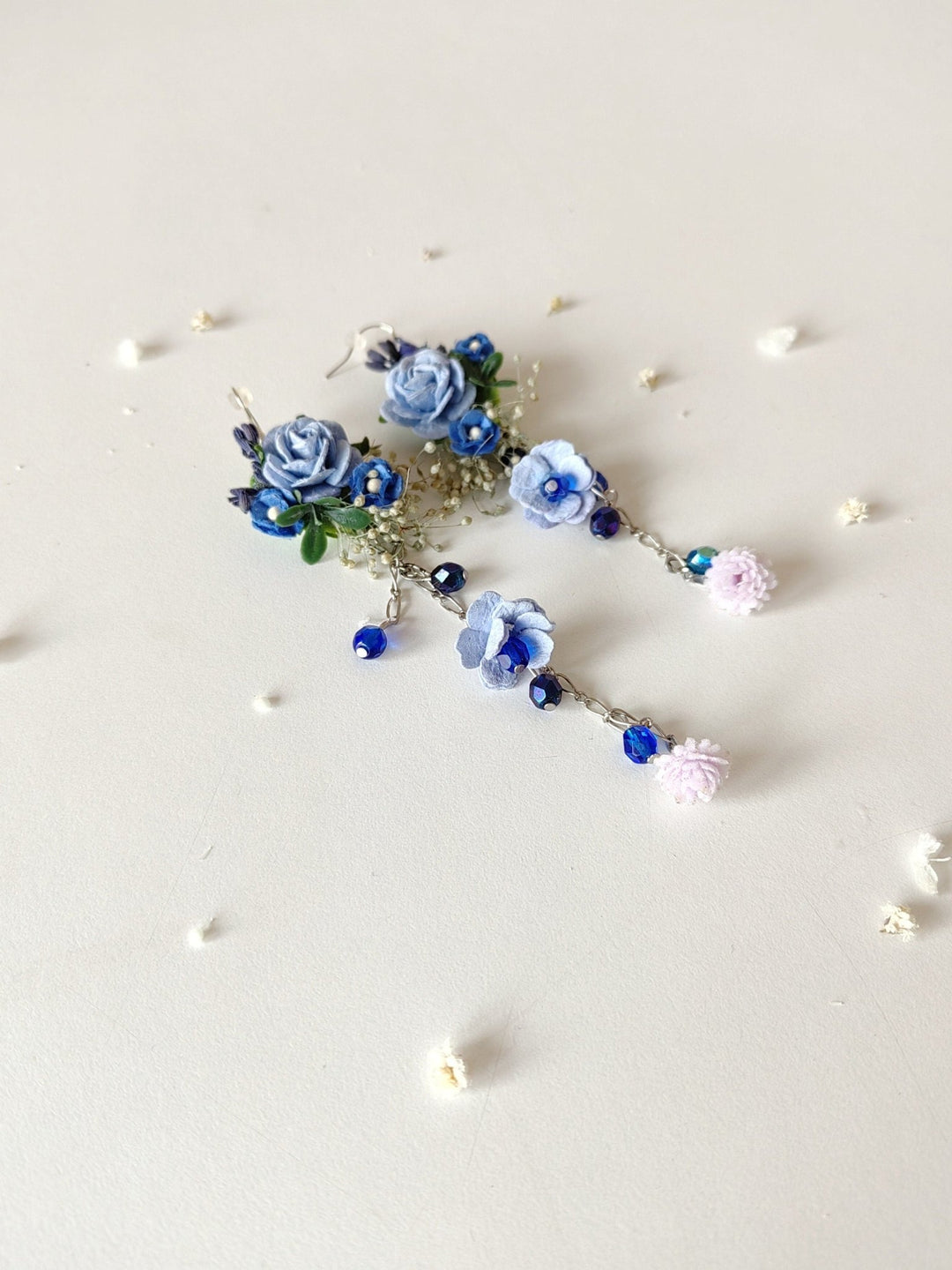 Long Blue Rose Bridal Earrings: Wedding Flower Jewelry – handmade floral hair accessory by magaela