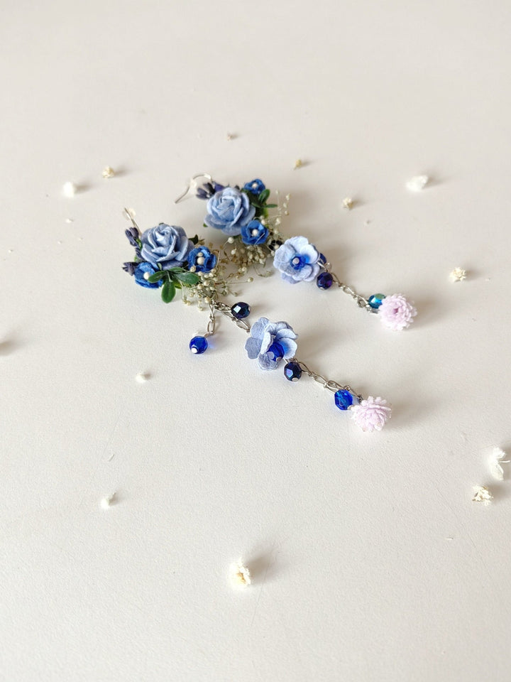Long Blue Rose Bridal Earrings: Wedding Flower Jewelry – handmade floral hair accessory by magaela