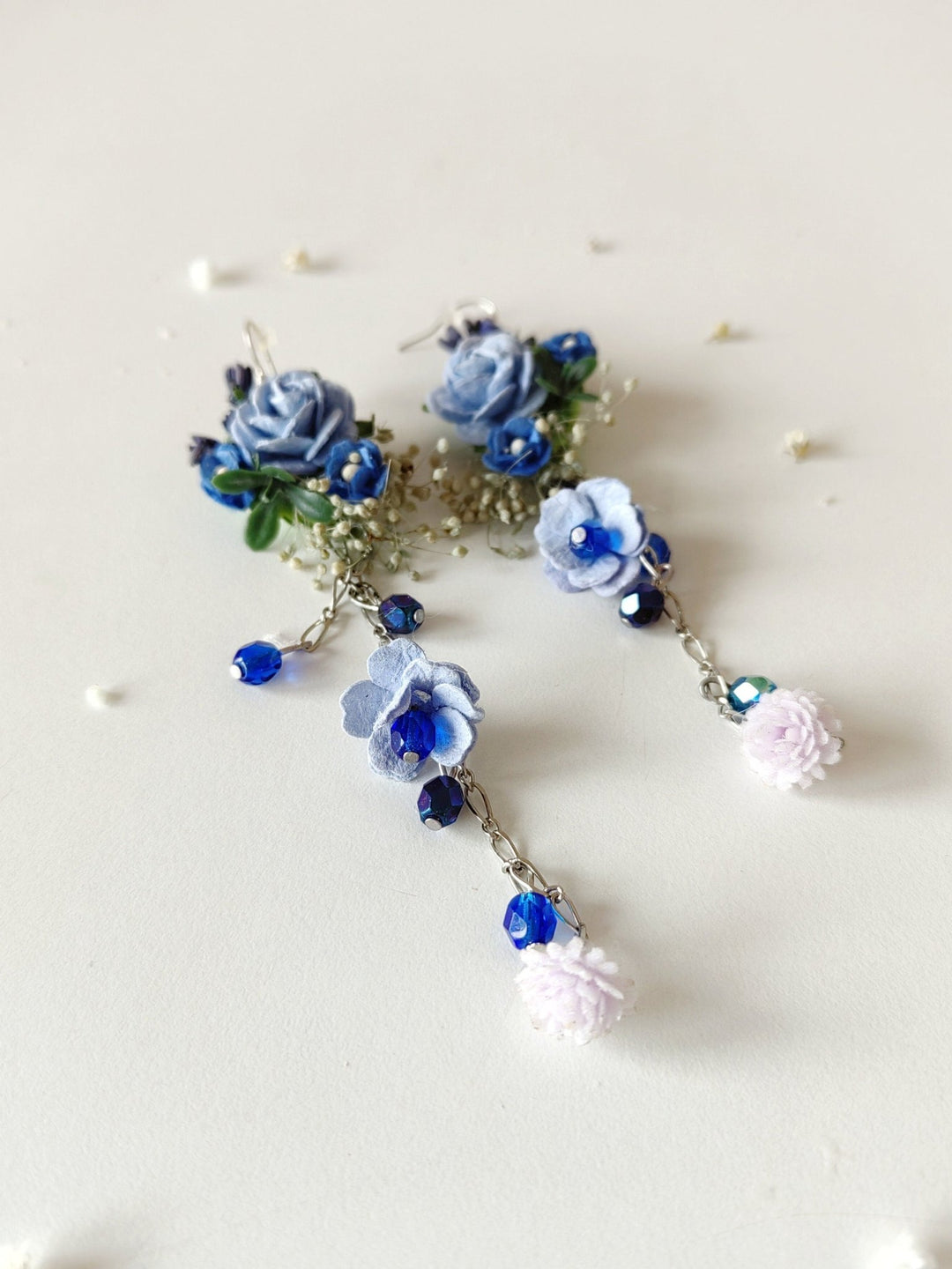 Long Blue Rose Bridal Earrings: Wedding Flower Jewelry – handmade floral hair accessory by magaela