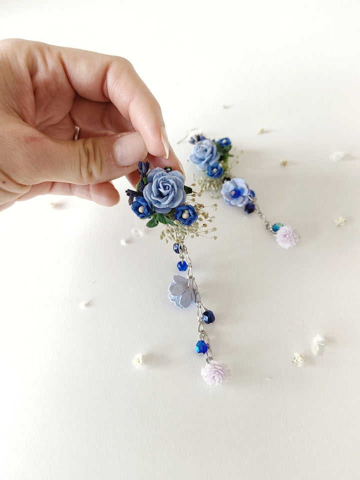 Long Blue Rose Bridal Earrings: Wedding Flower Jewelry – handmade floral hair accessory by magaela