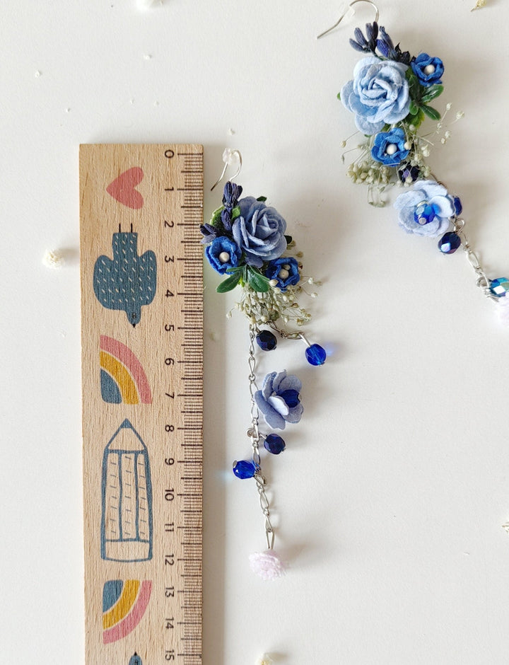 Long Blue Rose Bridal Earrings: Wedding Flower Jewelry – handmade floral hair accessory by magaela