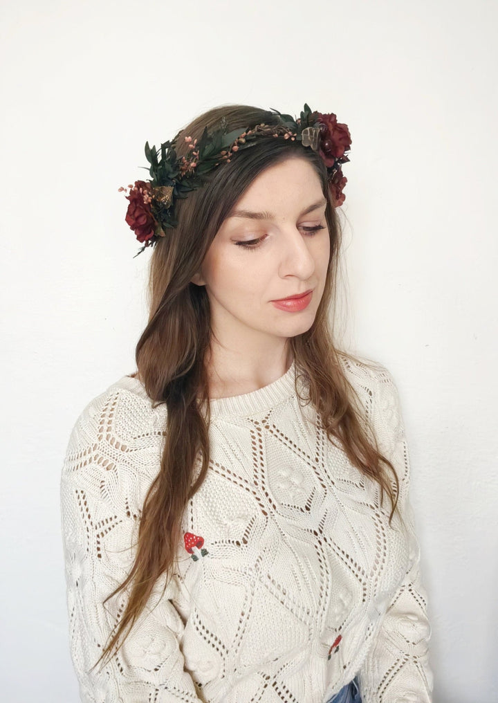 Autumn Flower Hair Wreath: Burgundy Boho Wedding Headpiece – handmade floral hair accessory by magaela