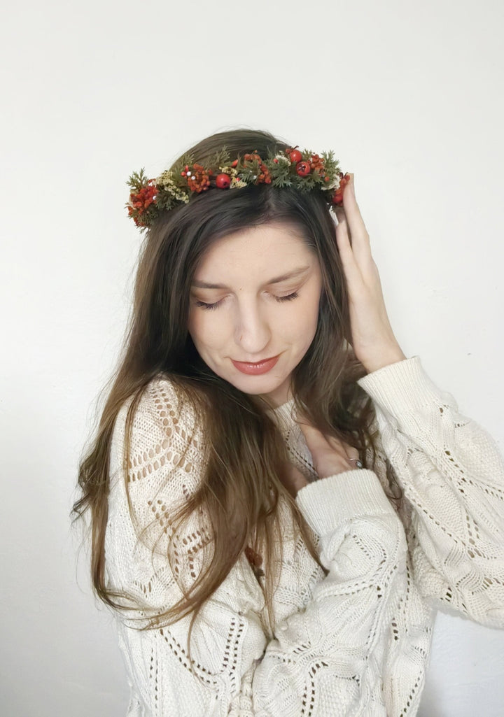 Red Flower Hair Crown: Winter Wedding Floral Wreath – handmade floral hair accessory by magaela