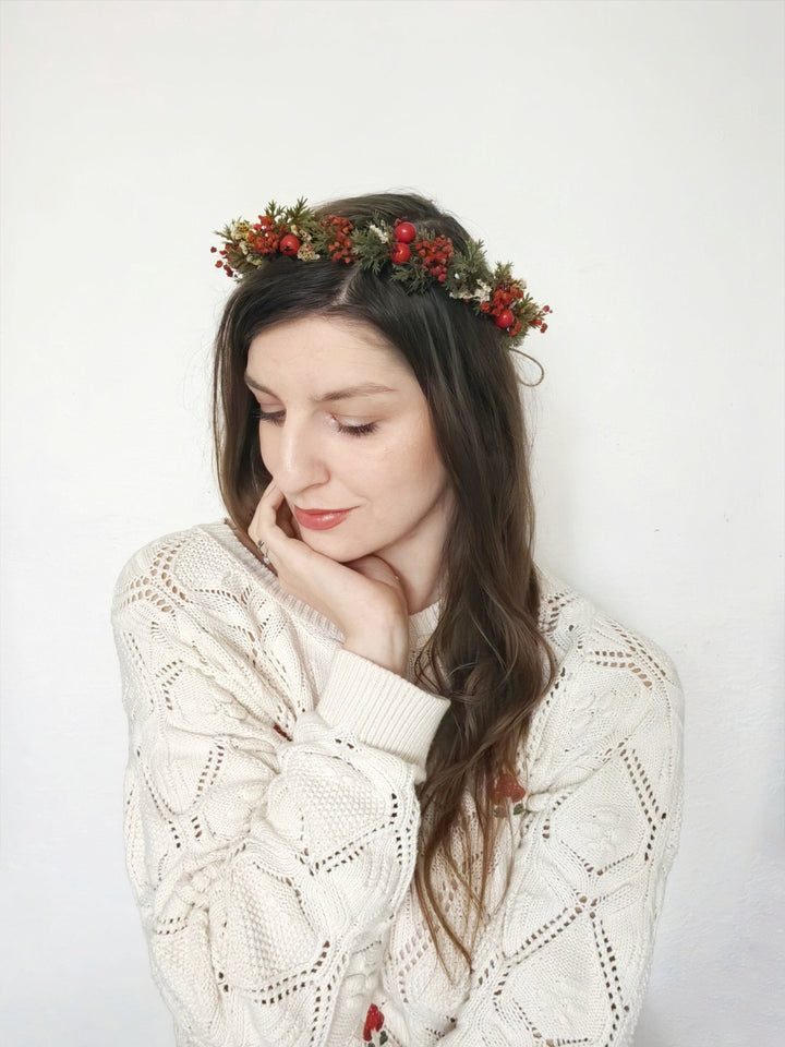 Red Flower Hair Crown: Winter Wedding Floral Wreath – handmade floral hair accessory by magaela