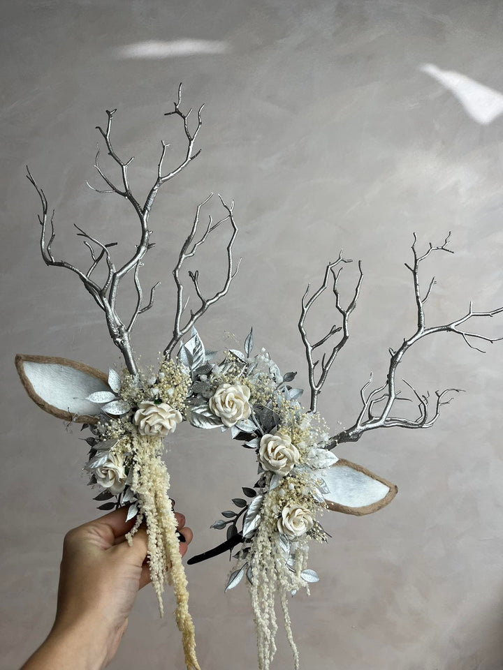 Deer Antler Crown: Silver Horns Headband, Pagan Festival Tiara – handmade floral hair accessory by magaela
