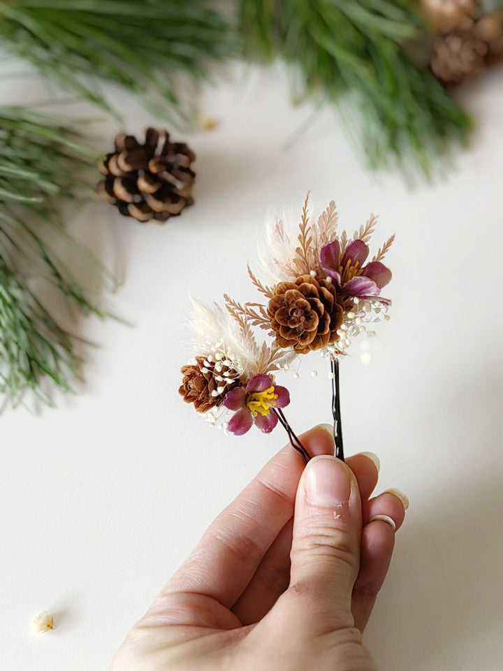 Winter Wedding Hairpins: Pine Cone Flower Hair Accessories – handmade floral hair accessory by magaela