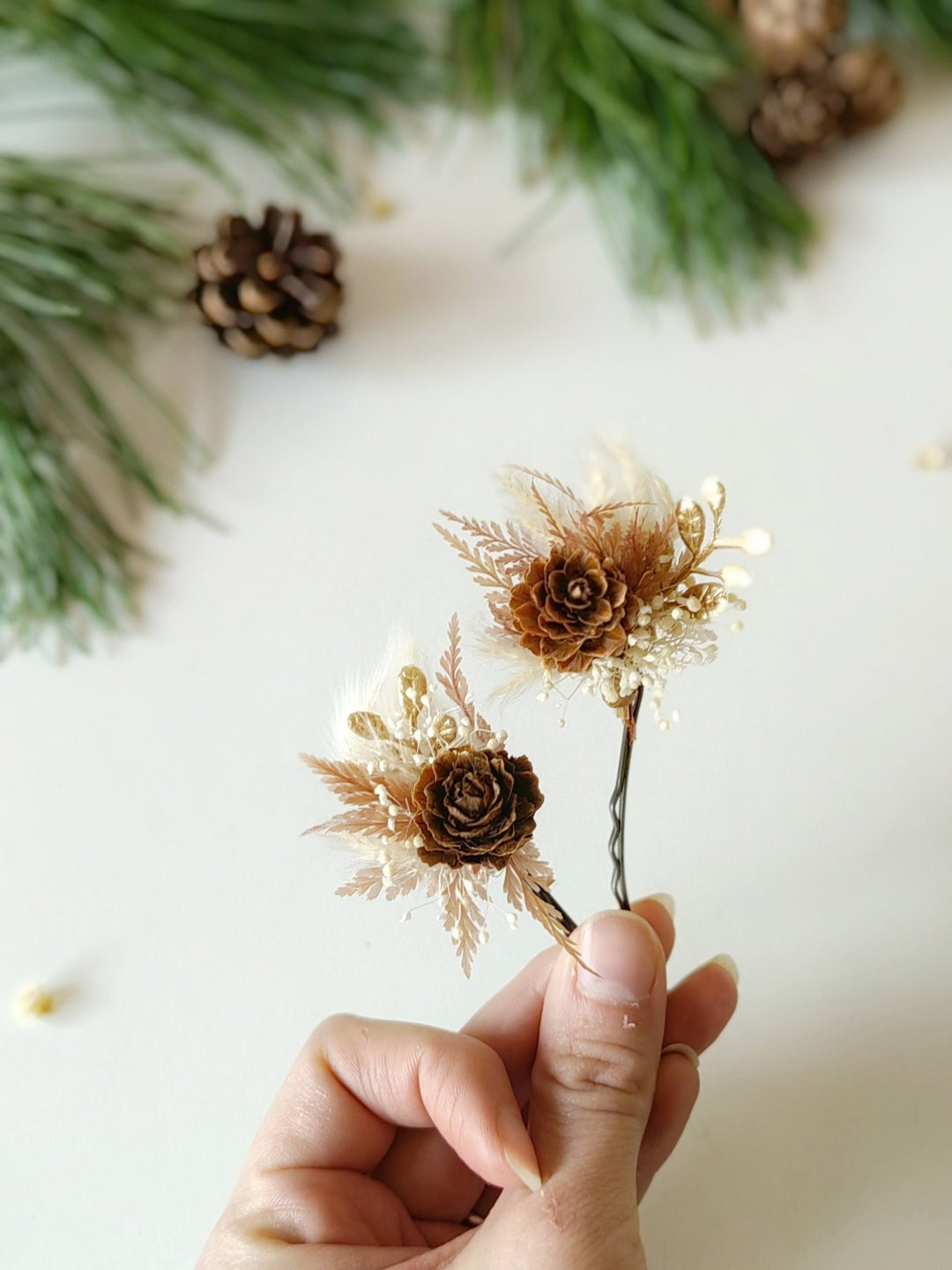 Winter Wedding Hairpins: Pine Cone Flower Hair Accessories – handmade floral hair accessory by magaela