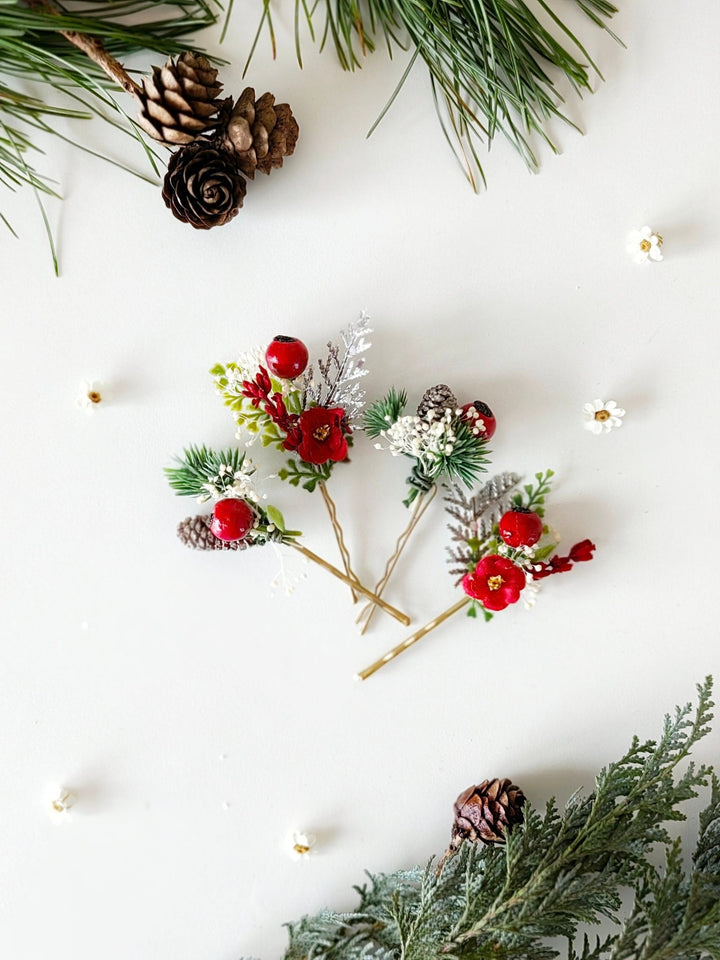 Red Berry Christmas Hairpins: Winter Wedding Accessories – handmade floral hair accessory by magaela