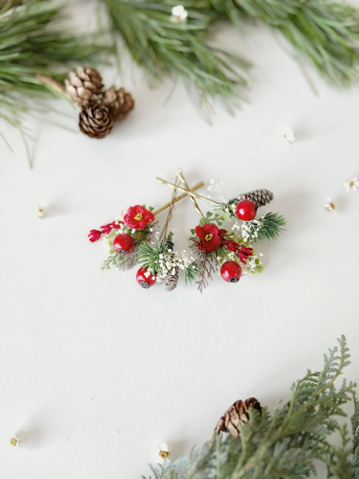 Red Berry Christmas Hairpins: Winter Wedding Accessories – handmade floral hair accessory by magaela