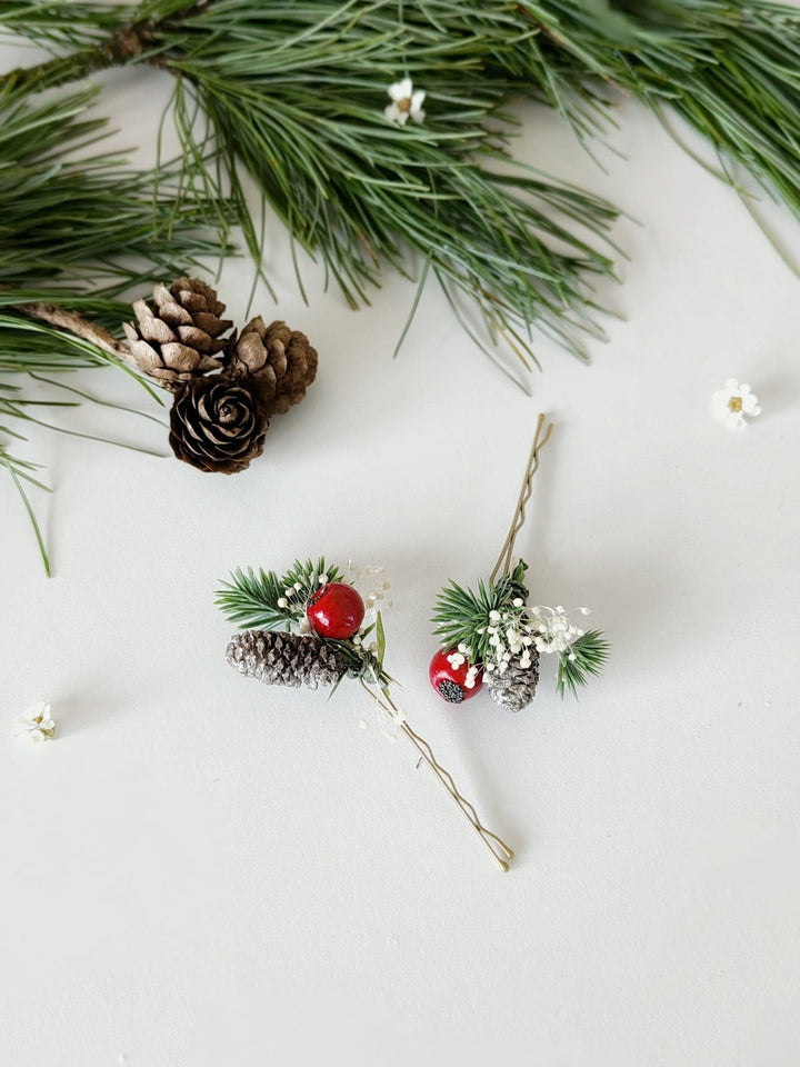Red Berry Christmas Hairpins: Winter Wedding Accessories – handmade floral hair accessory by magaela
