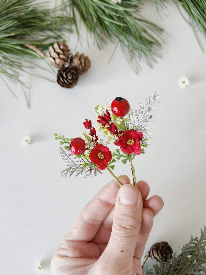 Red Berry Christmas Hairpins: Winter Wedding Accessories – handmade floral hair accessory by magaela