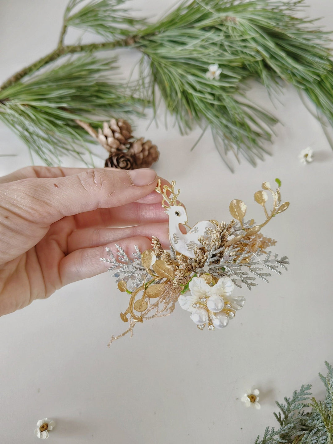 Winter Reindeer Brooch Golden Christmas Floral Pin Gift for Her Gift Teacher – handmade floral hair accessory by magaela