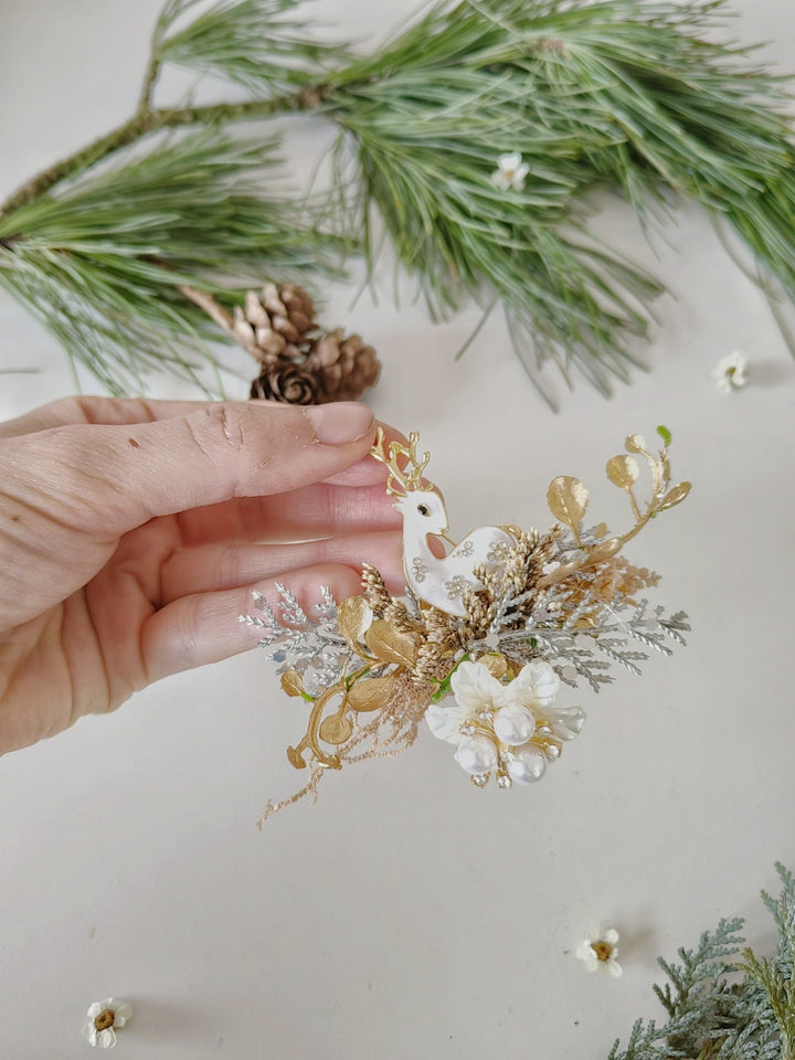 Winter Reindeer Brooch Golden Christmas Floral Pin Gift for Her Gift Teacher – handmade floral hair accessory by magaela