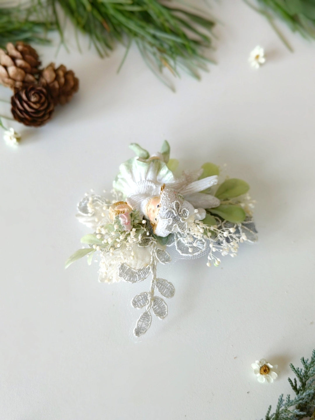 Winter Fairy Brooch: Handmade Christmas Flower Pin – handmade floral hair accessory by magaela