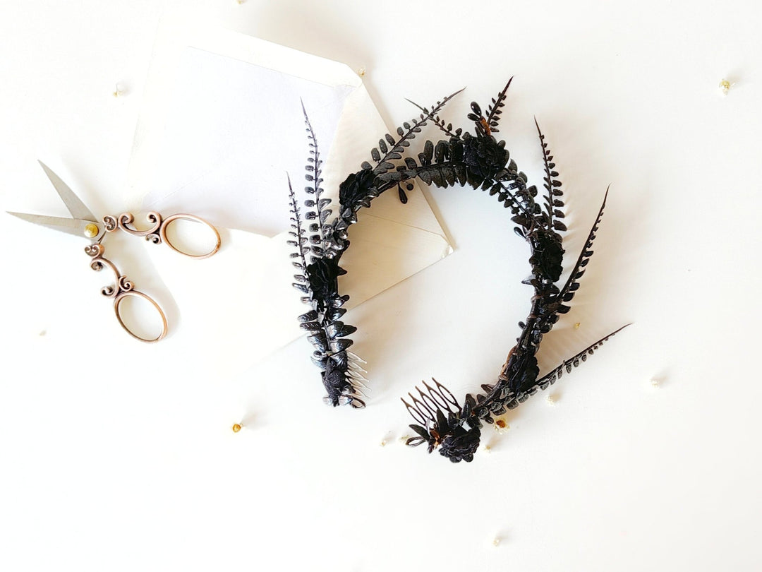 Black Flower Crown: Gothic Wedding Tiara, Halloween Headpiece – handmade floral hair accessory by magaela