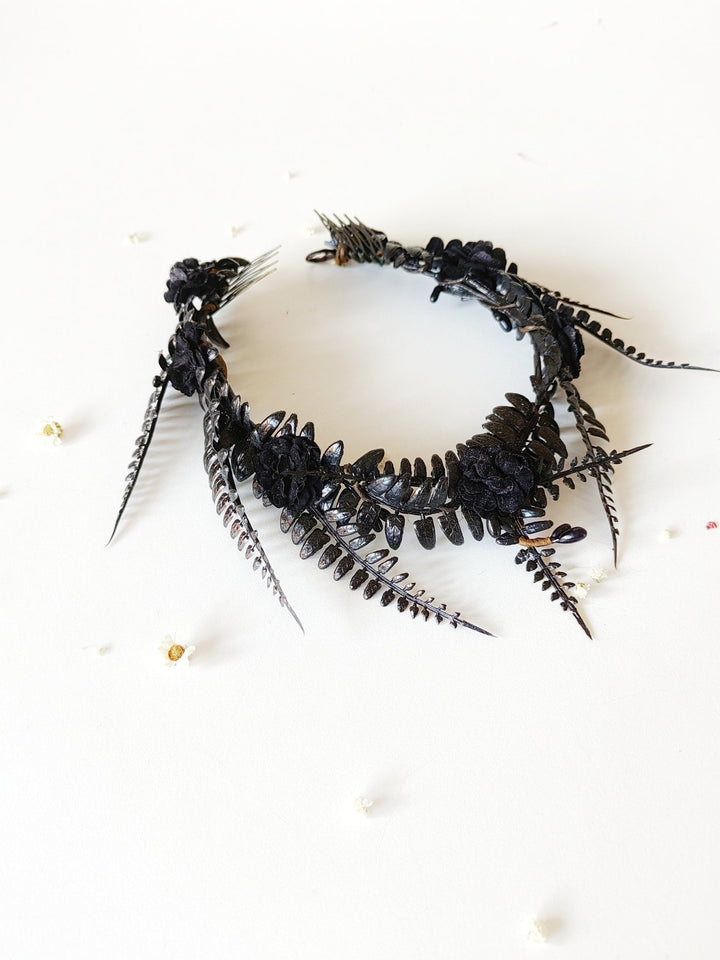 Black Flower Crown: Gothic Wedding Tiara, Halloween Headpiece – handmade floral hair accessory by magaela