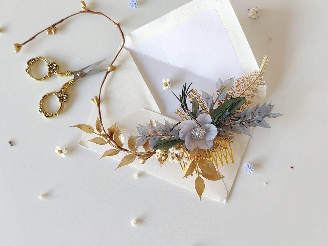 Glam Bridal Hair Comb: Blue & Gold Flower Headpiece – handmade floral hair accessory by magaela