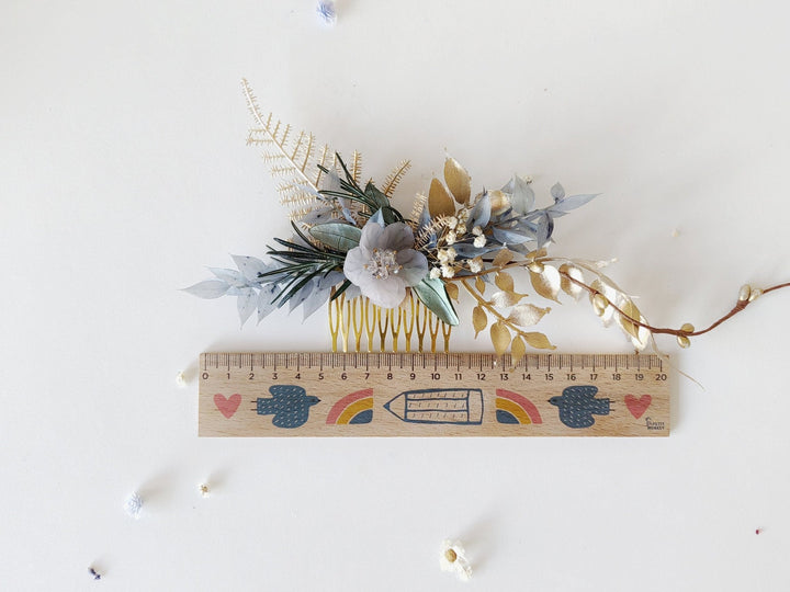 Glam Bridal Hair Comb: Blue & Gold Flower Headpiece – handmade floral hair accessory by magaela