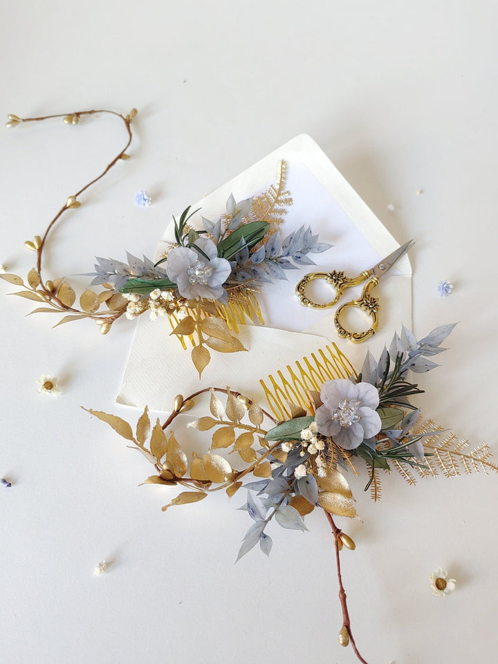 Glam Bridal Hair Comb: Blue & Gold Flower Headpiece – handmade floral hair accessory by magaela