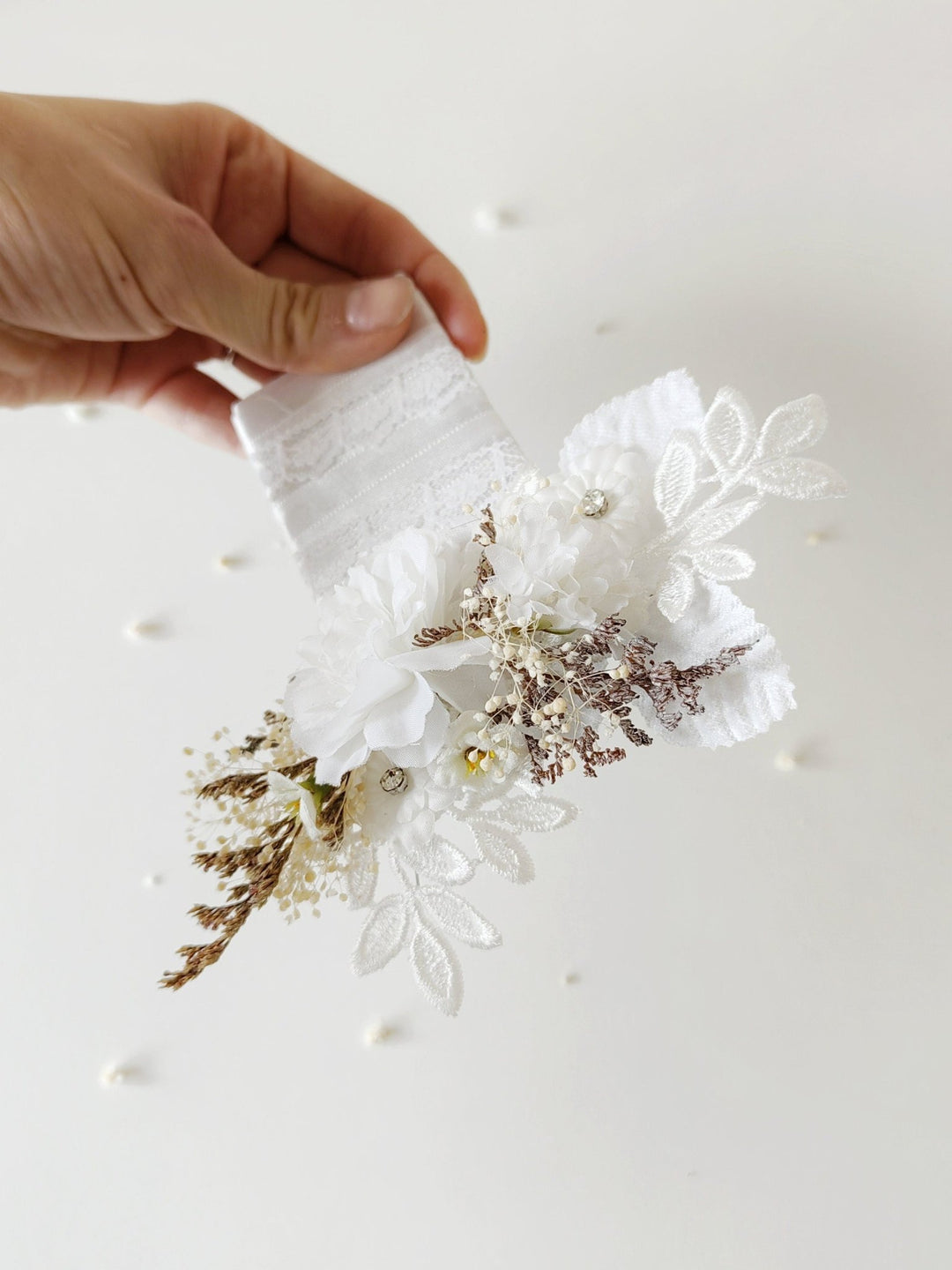 White Lace Boutonniere: Romantic Wedding Lapel Corsage – handmade floral hair accessory by magaela