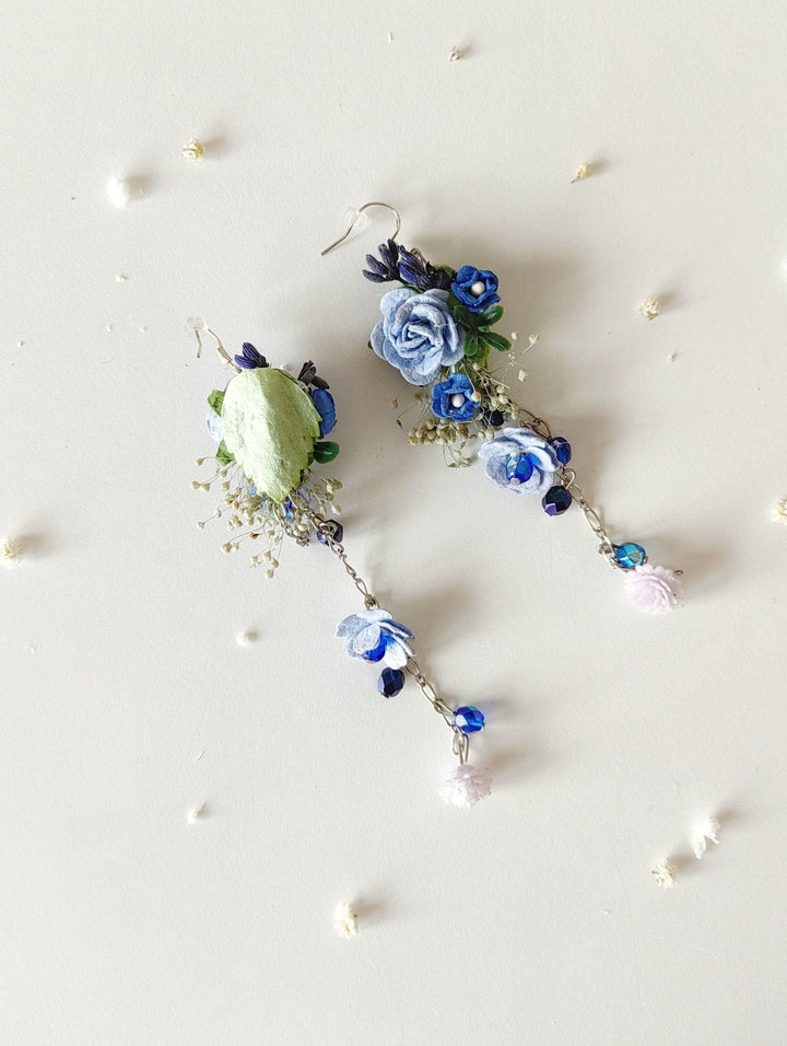 Long Blue Rose Bridal Earrings: Wedding Flower Jewelry – handmade floral hair accessory by magaela