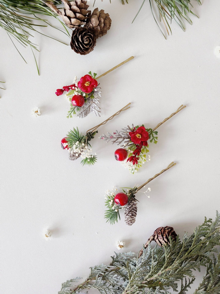 Red Berry Christmas Hairpins: Winter Wedding Accessories – handmade floral hair accessory by magaela
