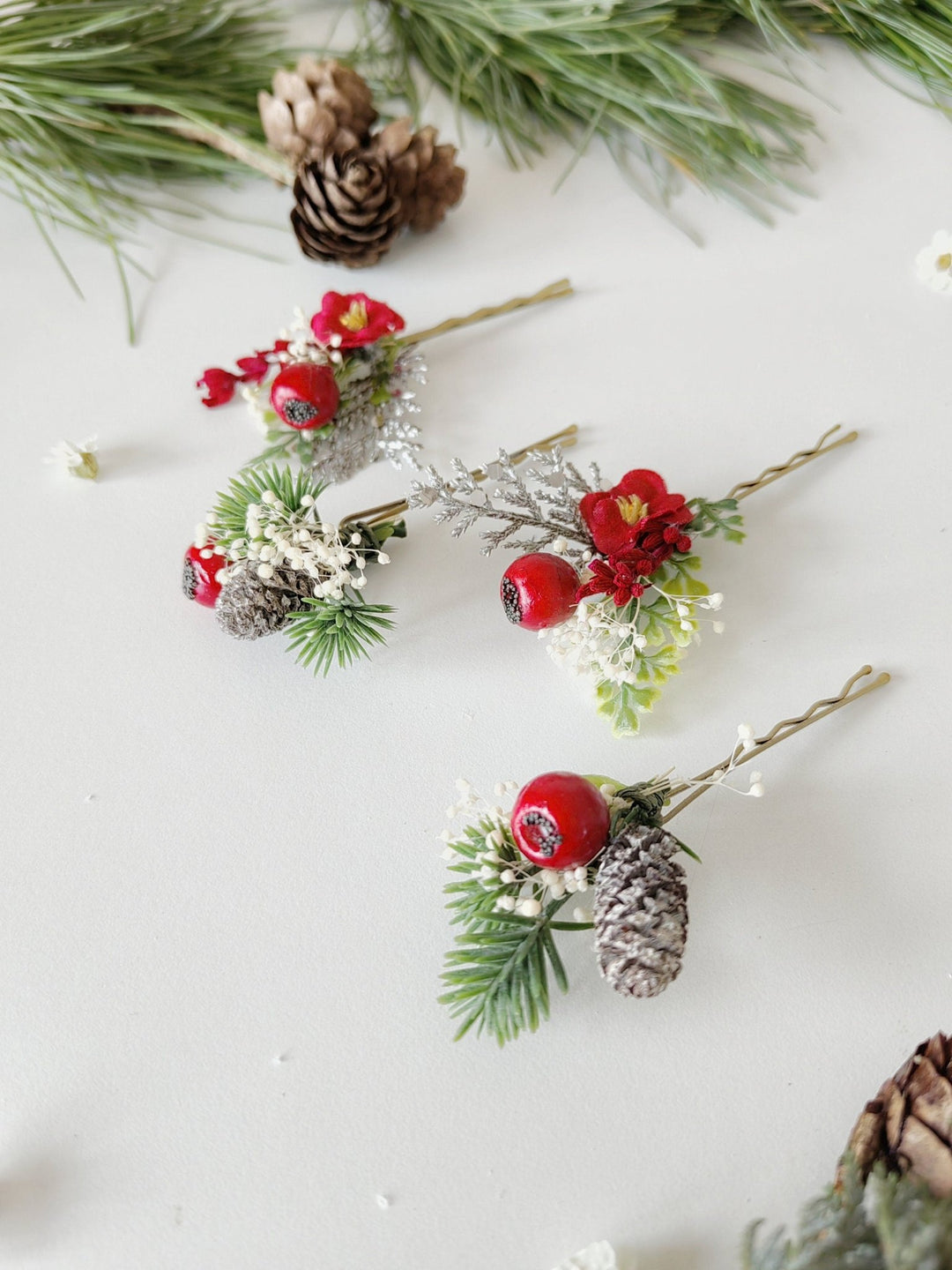 Red Berry Christmas Hairpins: Winter Wedding Accessories – handmade floral hair accessory by magaela