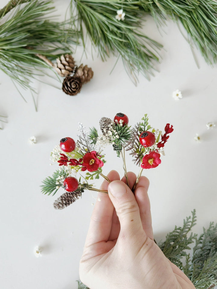 Red Berry Christmas Hairpins: Winter Wedding Accessories – handmade floral hair accessory by magaela